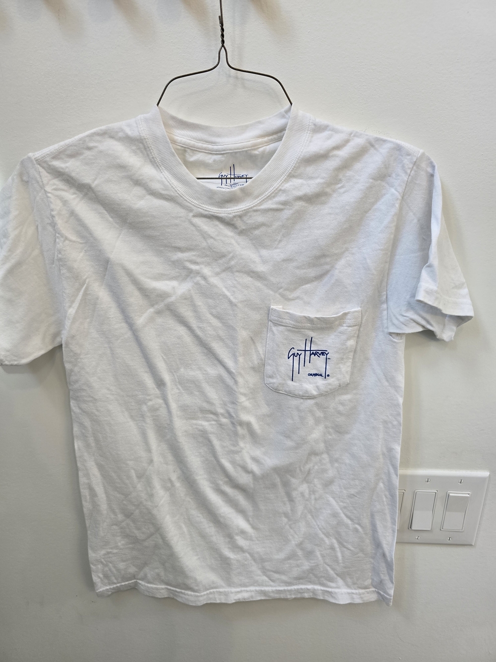 Guy Harvey White Short Sleeve Pocket Tee with Blue Logo